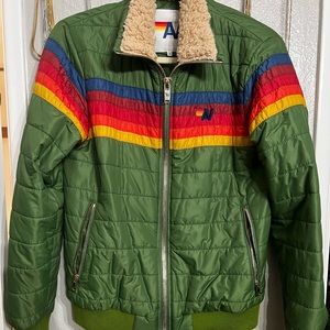 Aviator Nation Stripe Puffer Jacket Green Small